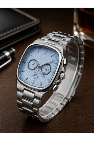 Erkek Gümüş Renk Metal Kordon Analog Kol Saati Çok Fonksiyonlu Beyaz Kadran - Gümüş Çok Renkli