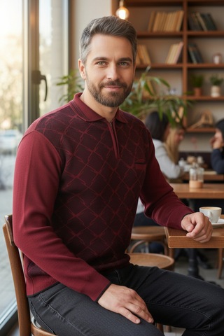 Kamalı Erkek Bordo Tüylenme Yapmayan Anti Pilling Özellikli Standart Fit Polo Yaka Cepli Triko Kazak