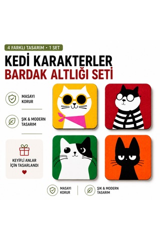 Kedi Desenli Bardak Altlığı Seti 4'lü Ahşap Mdf Dekoratif Kahve Ve Çay Bardak Altlığı Masa Koruyucu Kare Bardak Altlığı Çok Renkli