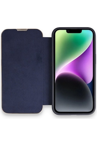Apple Uyumlu iPhone 14 Pro Max Kapaklı Kılıf Parmak Izi Bırakmaz Dışı Deri Içi Süet Tasarım Lacivert