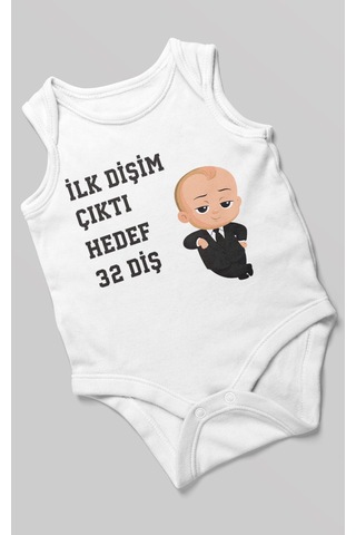 Morivokids İlk Dişim Çıktı Hedef 32 Diş Sıfır Kollu Bebek Body Beyaz
