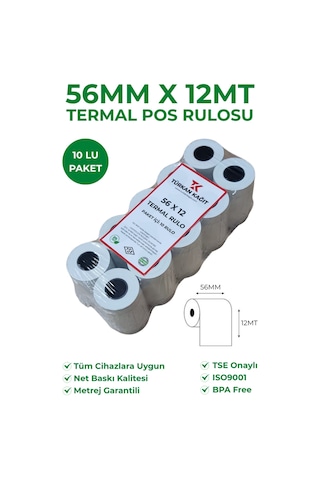 56x12 Termal Rulo Yazarkasa Pos Rulosu 1 Paket 10 Adet Tse Belgeli Bpa Free