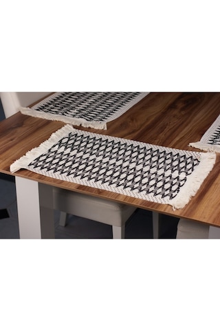 6'lı Örme Supla Pamuklu Dantel Püsküllü Krem Siyah Amerikan Servis 35x45 Cm Masa Örtüsü Supla Krem - Siyah