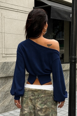 Tarz Cool Kadın Asimetrik Yaka Crop Sweatshirt Omuz Dekolteli Büzgülü Fermuar Detaylı Lacivert
