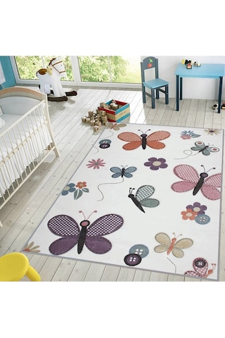 Eliana Home Baskılı, Yıkanabilir Kaymaz Taban Çocuk Halısı Eli4042 Beyaz