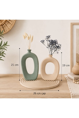 Momiko El Yapımı Modern Bohem Beton Vazo Seti Dekoratif Kemerli İkili Vazo & Yuvarlak Altlık Premium Seri -