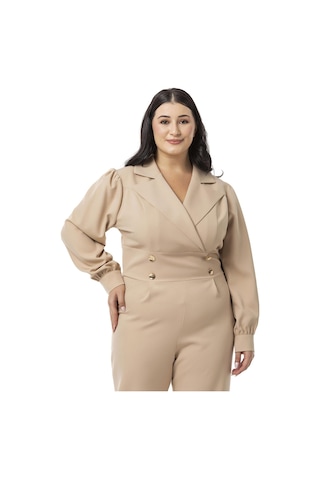 Büyük Beden Kruvaze Yaka Metal Düğmeli Fermuarlı Bej Rengi Tulum-bej Bej