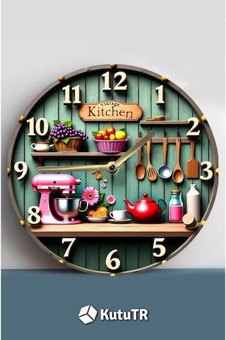 Vintage Kitchen Temalı Mdf Duvar Saati 33 Cm 3d Görünümlü Uv Baskılı Sdw350 Renkli