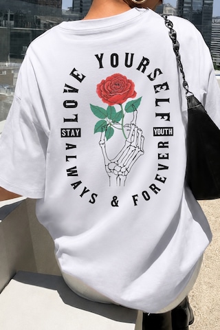 Spoyi Forever Rose Tasarımlı %100 Pamuk Yarım Oversize Beyaz T-shirt