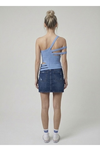 Neden Tekstil Asimetrik Tek Omuz Triko Crop Bluz - Mavi