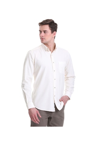 Hatemoğlu Bej Slim Fit Düz 100% Pamuklu Düğmeli Yaka Uzun Kollu Klasik Göm Bej