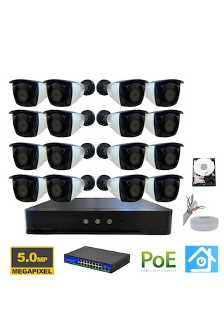 5mp 1440p 16 Kameralı 1tb Hdd Ip Poe Güvenlik Kamerası Seti