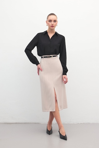 Sateen Anna Yırtmaçlı Etek - Bej-137173 Bej
