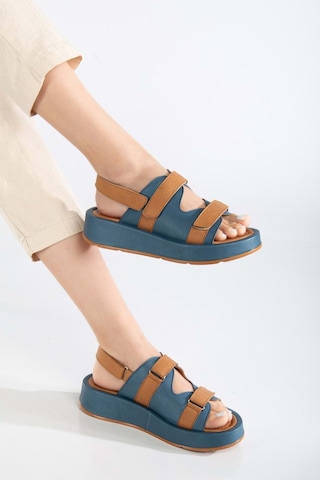 Analin Shoes Kadın Hakiki Deri Cırtlı Kalın Taban Sandalet Mavi