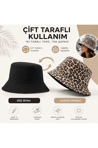 Valkyrie Çift Taraflı Leopar Desenli Siyah Kova Şapka Unisex Reversible Bucket Günlük Yazlık Şapka Kahverengi