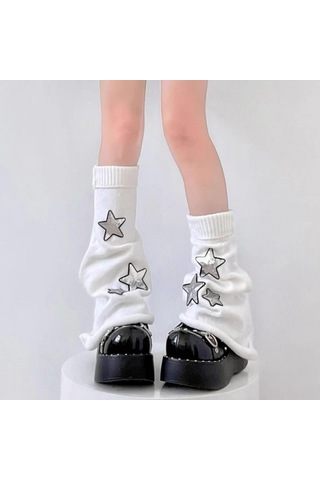 Springsun Beyaz Yıldız Desenli Çift Katlı Polyester Çoraplar - Isı Sağlayan Japon Stil Knee-high Soklar Beyaz