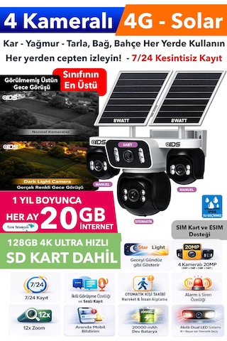 20mp 4 Kameralı 4g Güneş Enerjili Güvenlik Kamerası Üstün Gece Görüşlü 240gb İnternet 128gb Sd Kart
