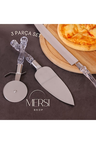3 Parça Servis Seti Pizza Kesici, Dişli Bıçak Ve Servis Spatulası Paslanmaz Mutfak Seti Gri