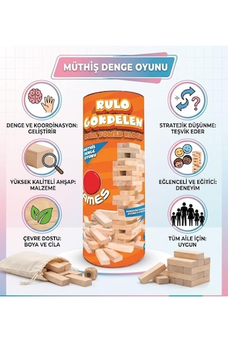 Rulo Gökdelen 54 Parça Ahşap Rulo Kutulu Eğitici Ve Zeka Aile Denge Oyunu