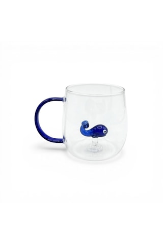 Balina Figürlü Borosilikat Cam Kupa 350 Ml Renkli Kulplu Kahve Kupası Dekoratif Hediye Bardak Mavi