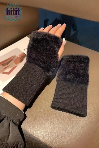 Kadın 1 Çift Kışlık Parmaksız Termal Esnek Polarlı Peluş Eldiven Siyah