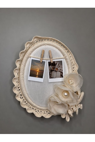 El Yapımı Dantelli Oval Fotoğraf Çerçevesi&çiçekli Mandallı Vintage Duvar Dekoru