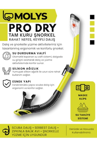 Molys Angel Dalış Maskesi + Antı Fog Buğu Önleyici Film + Pro Full Dry Tam Kuru Şnorkel + Maske Koruma Kutusu Set Halinde Siyah - Sarı