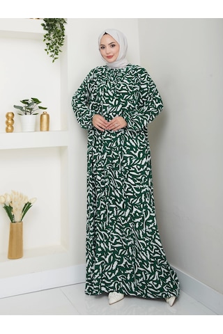 Desenli Önü Büzgülü Viskon Elbise - Yeşil / E0131 Yeşil