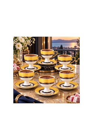 6 Lı Ayaklı Porselen Kahve Fincanı Takımı Sarı Lacivert Gold Detaylı Şık Sunum Seti Sarı