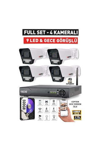 4 Kameralı Fullhd 5mp Lensli Gece Görüşlü 9 Led Güvenlik Kamerası Seti - 500gb