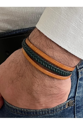 Taba&yeşil Renk %100 Deri 3lü Kombin Erkek Bileklik 21 Cm Türk El Üretimi Yeşil