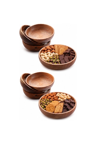 Dekoratif Çerezlik Tabak, Doğal Ahşap Akasya Çerezlik, Çap 12 Cm, 4'lü Set Kahverengi