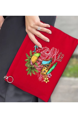 Bk Gift Yaz Temalı-9 Astarlı Kırmızı Portföy Çanta 30x21cm, Baskılı El Çantası, Organizer Çanta