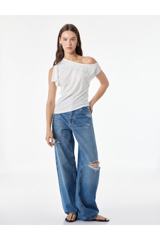 Koton Viskon Karışımlı Slim Fit Kısa Kollu Omzu Açık Baskılı Tişört Ekru 6sal10912ık