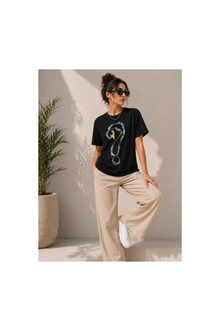 Butik İstanbul Kuğu Figürlü Soru İşareti Baskılı Tişört Kısa Kol T-shirt - Siyah