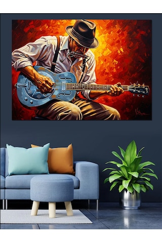 Mavi Gitar Çalan Adam Dekoratif Kanvas - Mdf Ahşap Tablo