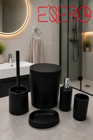 Mat Siyah 5'li Banyo Aksesuar Seti Modern Çizgili Tasarım Çöp Kovası, Wc Fırçası, Sıvı Sabunluk, Diş Fırçalık, Sabunluk