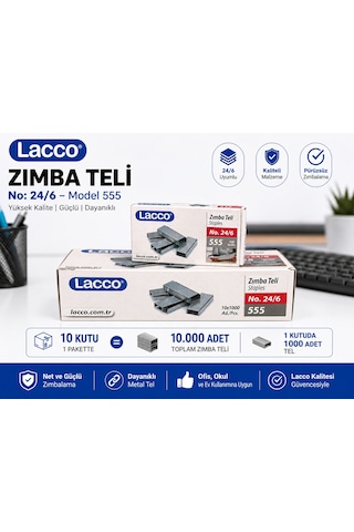 Lacco 24/6 Zımba Teli 10 Kutu 10000 Adet No:555 Metal Zımba Teli Ofis Okul Kırtasiye