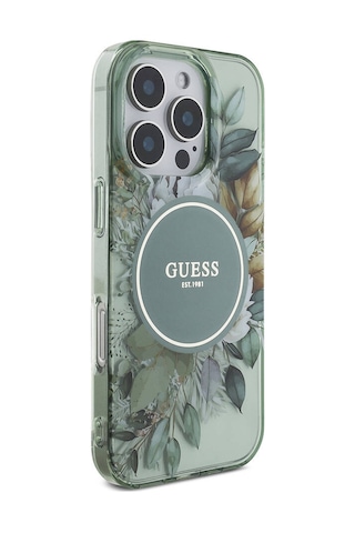 Apple Uyumlu iPhone 16 Pro Kılıf Guess Lisanslı Magsafe Özellikli Iml Baskılı Çiçek İnci Bileklikli Yeşil