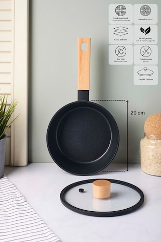 Cookwood Black İndüksiyon Tabanlı Ahşap Saplı Kapaklı Seramik Tencere 20 Cm Sıyah Siyah
