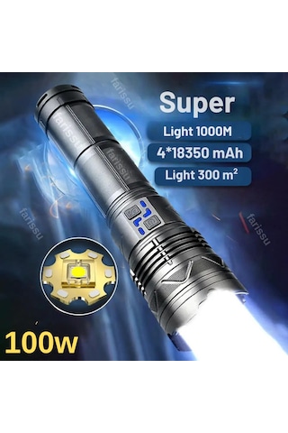 Or-g500 100w Ultra Güçlü Şarj Edilebilir El Feneri - Powerbank Özellikli, 1000 Metre Teleskopik Zoomlu Siyah
