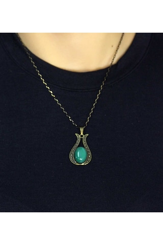 Doğal Taş Yeşil Akik Doğal Taşlı Lale Modelli Antik Kadın Kolye Euk44ya Yeşil