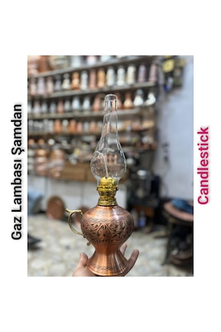 Bakır Gaz Lambası Şamdan Antik Bakır Sarı Gaz Lambası Şamdan