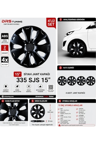 15 Inc Kırılmaz Sks Parlak Siyah Jant Kapağı 1 Takım 4 Adet No:335