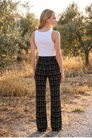 Soulshae Beyaz Ekose Yüksek Bel Pantolon Siyah