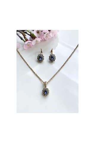 Kristal Taşlı Oval Kolye Ve Küpe Seti Mavi