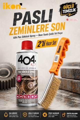 İkon Tools 404 Pas Sökücü Sprey + Çelik Tel Fırça 2 Li Hazır Set Pas Ve Kir Temizleme Seti 1'li Paket