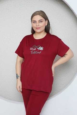 Fames Pijama Büyük Beden Likrali Ring Viskon Kisa Kol Yazlik Pijama Takim Bordo