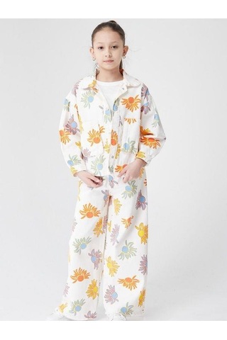 Kız Çocuk Çiçek Desenli Ceket-14029 Turuncu