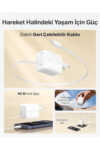 Belkin Ultracharge Usb-c Fiş Tipi Şarj Cihazı 45 W, 0,8 M Geri Çe
